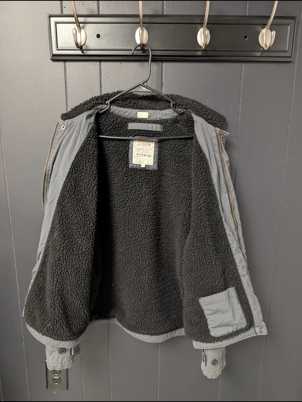 J. Crew Men's Gray Jacket with Black Fleece Lined And Black Fleece Collar